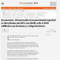 El mercado transaccional espaol se desploma un 86% en abril: solo 1.400 millones en fusiones y adquisiciones